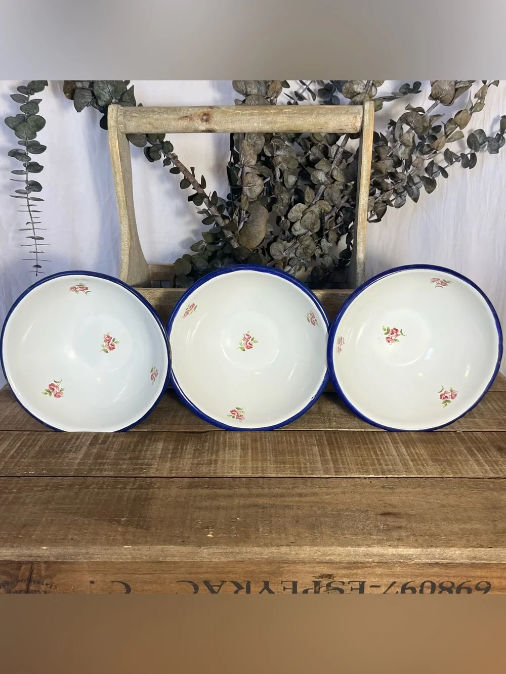 3 Vtg Robert Steffy Bagatelle Enamelware Bowls Shabby Rose Fly Insect Logo